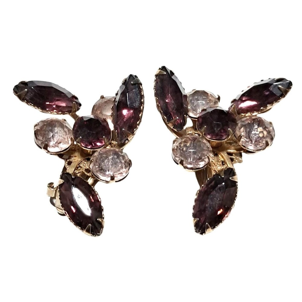 Vintage Purple Lavender Rhinestone Earrings Two Tone Clip Ons Costume Jewelry